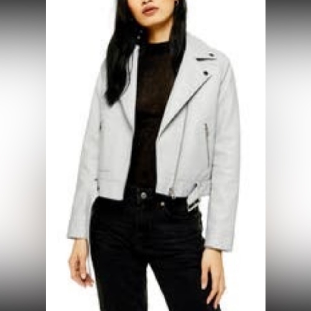 Topshop Kota Crop Faux Leather Jacket, size 6, light grey